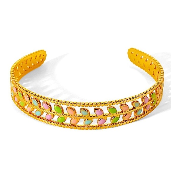 Gold Plated Leaf Design Multicolor Bangle Bracelet Ring Set - Picture 9 of 15